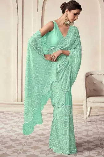 Sea green georgette embroidered saree with unstitched blouse for women