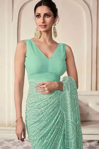 Sea green georgette embroidered saree with unstitched blouse for women