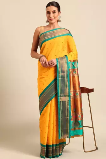gold silk blend paithani saree with ethnic motifs zari design
