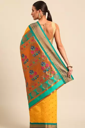 gold silk blend paithani saree with ethnic motifs zari design