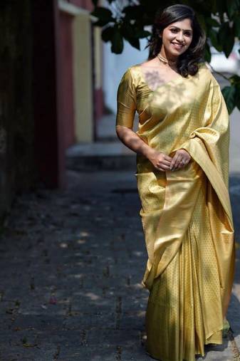gold silk kanjeevaram saree with ethnic motif woven zari design