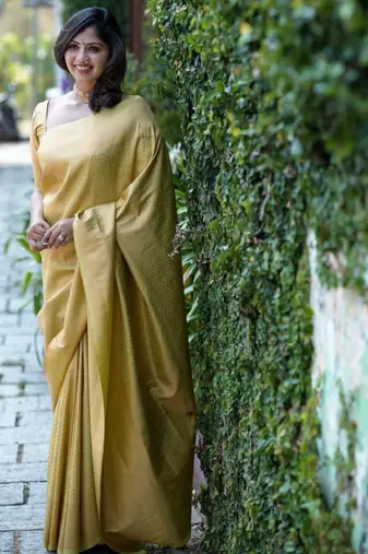 gold silk kanjeevaram saree with ethnic motif woven zari design