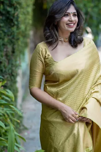 gold silk kanjeevaram saree with ethnic motif woven zari design