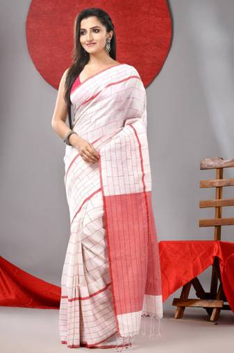 white checked tasseled pure cotton saree