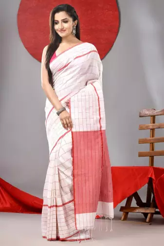 Checked tasseled pure cotton saree