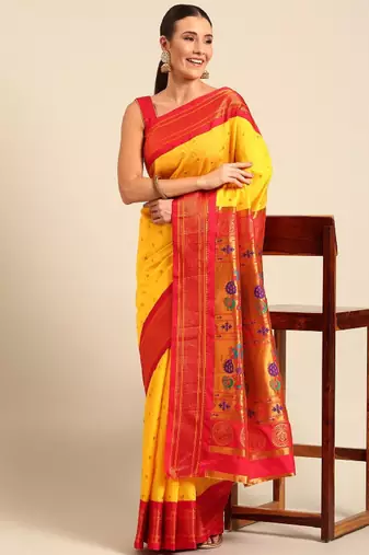 gold ethnic motifs zari silk paithani saree