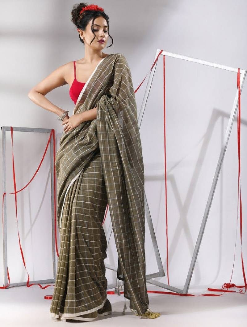 Checked pure cotton saree