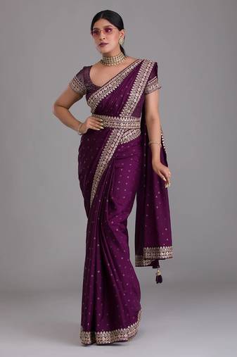 Wine royal kasturi silk saree with zari, dori, foil & 4mm sequins work