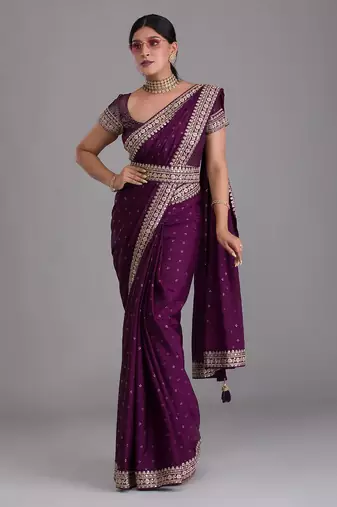 Wine royal kasturi silk saree with zari, dori, foil & 4mm sequins work
