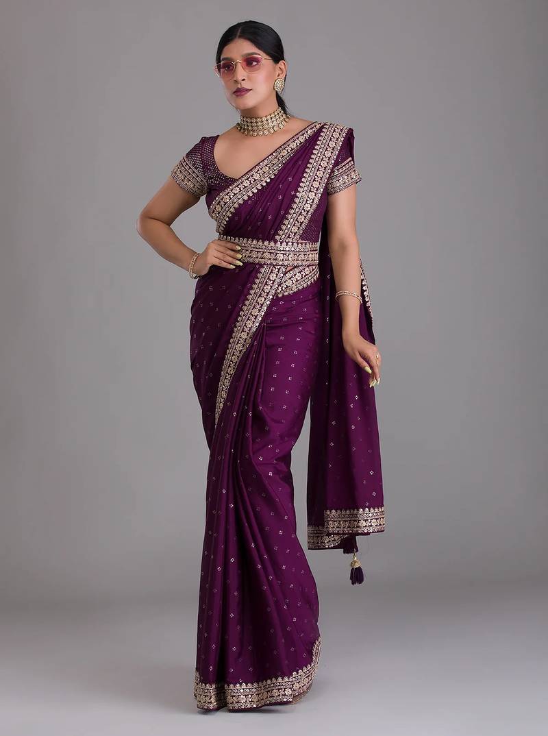 Wine royal kasturi silk saree with zari, dori, foil & 4mm sequins work
