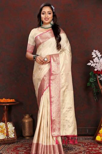cream silk blend kanjeevaram saree with ethnic motifs woven zari design