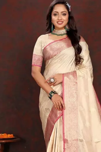 cream silk blend kanjeevaram saree with ethnic motifs woven zari design