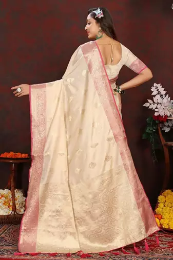 cream silk blend kanjeevaram saree with ethnic motifs woven zari design