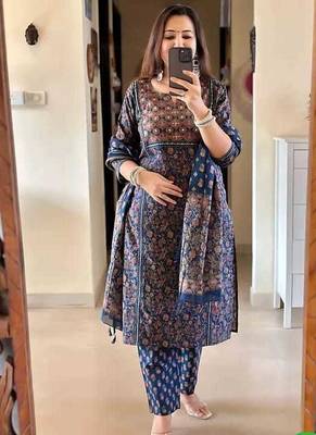 Blue Printed Straight Fit Embroidered Cotton Kurti Pant Dupatta Set For Women - Set Of 3 1