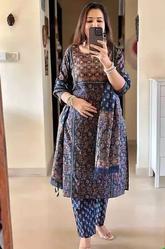 Blue Printed Straight Fit Embroidered Cotton Kurti Pant Dupatta Set For Women - Set Of 3
