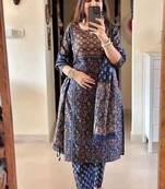 Blue Printed Straight Fit Embroidered Cotton Kurti Pant Dupatta Set For Women - Set Of 3