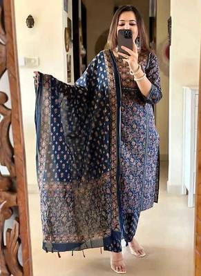 Blue Printed Straight Fit Embroidered Cotton Kurti Pant Dupatta Set For Women - Set Of 3 2
