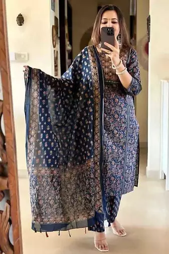 Blue Printed Straight Fit Embroidered Cotton Kurti Pant Dupatta Set For Women - Set Of 3