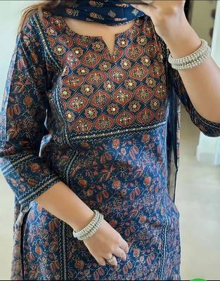 Blue Printed Straight Fit Embroidered Cotton Kurti Pant Dupatta Set For Women - Set Of 3 3