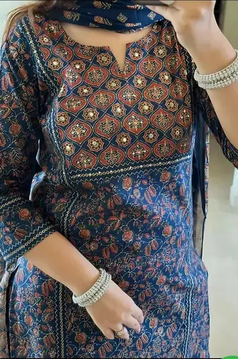 Blue Printed Straight Fit Embroidered Cotton Kurti Pant Dupatta Set For Women - Set Of 3