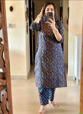 Blue Printed Straight Fit Embroidered Cotton Kurti Pant Dupatta Set For Women - Set Of 3 4