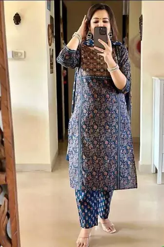 Blue Printed Straight Fit Embroidered Cotton Kurti Pant Dupatta Set For Women - Set Of 3
