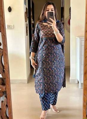 Blue Printed Straight Fit Embroidered Cotton Kurti Pant Dupatta Set For Women - Set Of 3 5