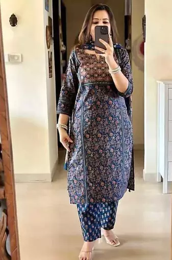 Blue Printed Straight Fit Embroidered Cotton Kurti Pant Dupatta Set For Women - Set Of 3