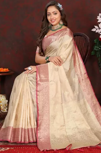 cream silk blend kanjeevaram saree with ethnic motifs woven zari design