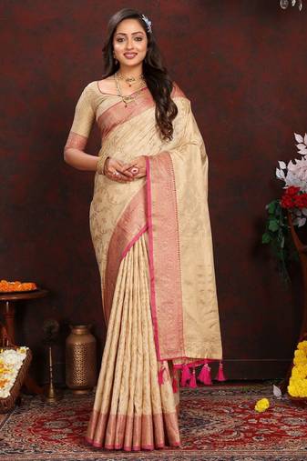 cream ethnic motifs woven design zari silk blend kanjeevaram saree