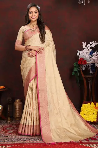 cream ethnic motifs woven design zari silk blend kanjeevaram saree