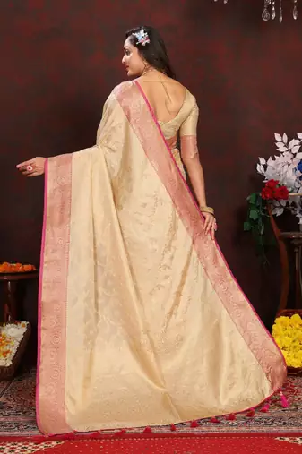 cream ethnic motifs woven design zari silk blend kanjeevaram saree