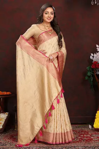 cream ethnic motifs woven design zari silk blend kanjeevaram saree