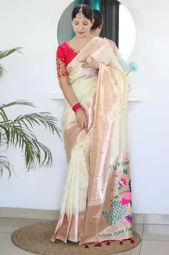 white woven design zari silk blend paithani saree
