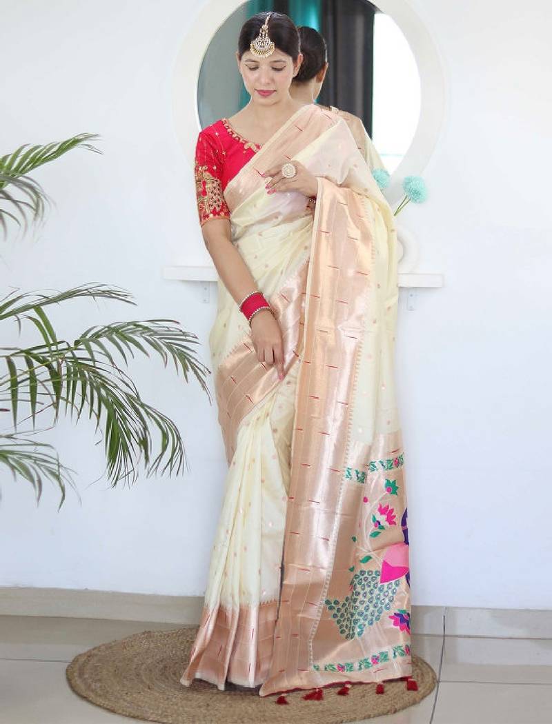 White ethnic woven design zari paithani saree