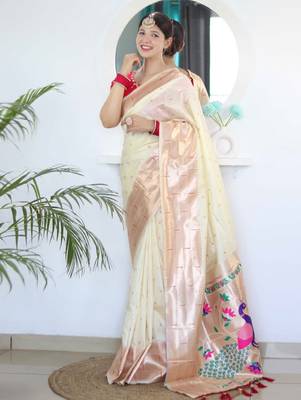 White ethnic woven design zari paithani saree 2