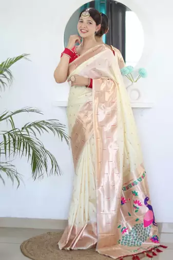white woven design zari silk blend paithani saree