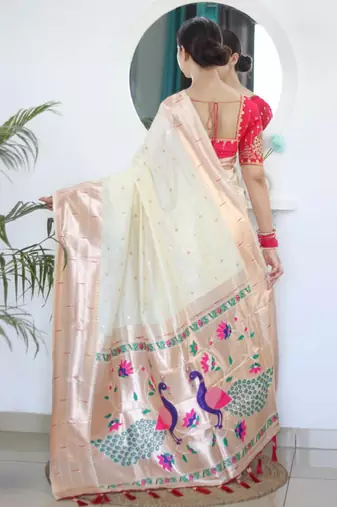 white woven design zari silk blend paithani saree