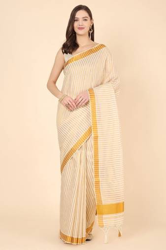 Striped zari pure cotton kasavu saree