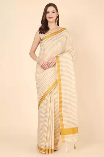 Striped zari pure cotton kasavu saree