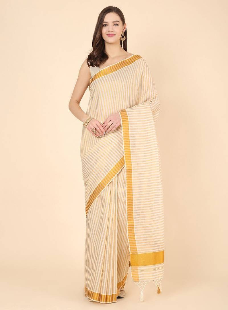 Striped zari pure cotton kasavu saree