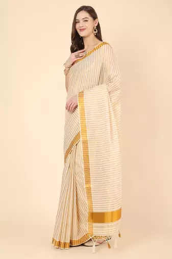 Striped zari pure cotton kasavu saree