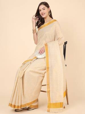 Striped zari pure cotton kasavu saree 4