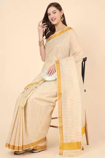 Striped zari pure cotton kasavu saree