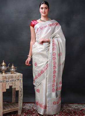 Printed auspicious pots kasavu cotton silk star white saree 1