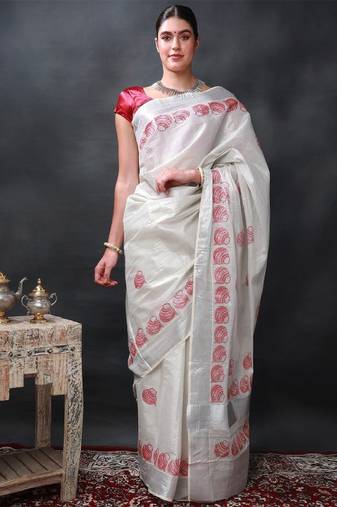 white cotton silk kasavu star saree with printed design