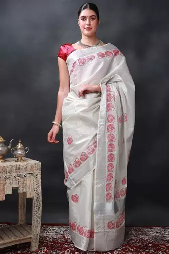Printed auspicious pots kasavu cotton silk star white saree