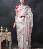 Printed auspicious pots kasavu cotton silk star white saree