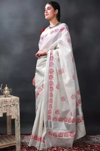 Printed auspicious pots kasavu cotton silk star white saree