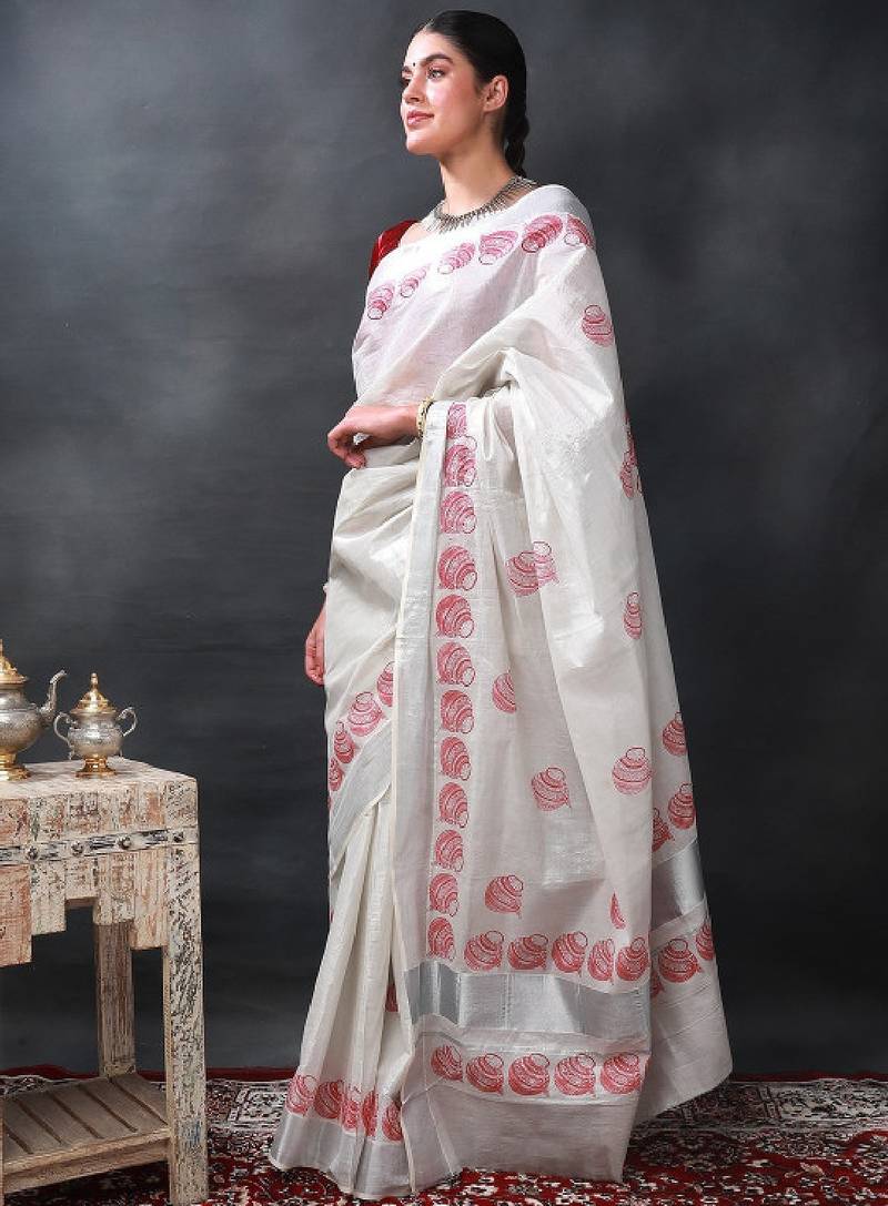 Printed auspicious pots kasavu cotton silk star white saree